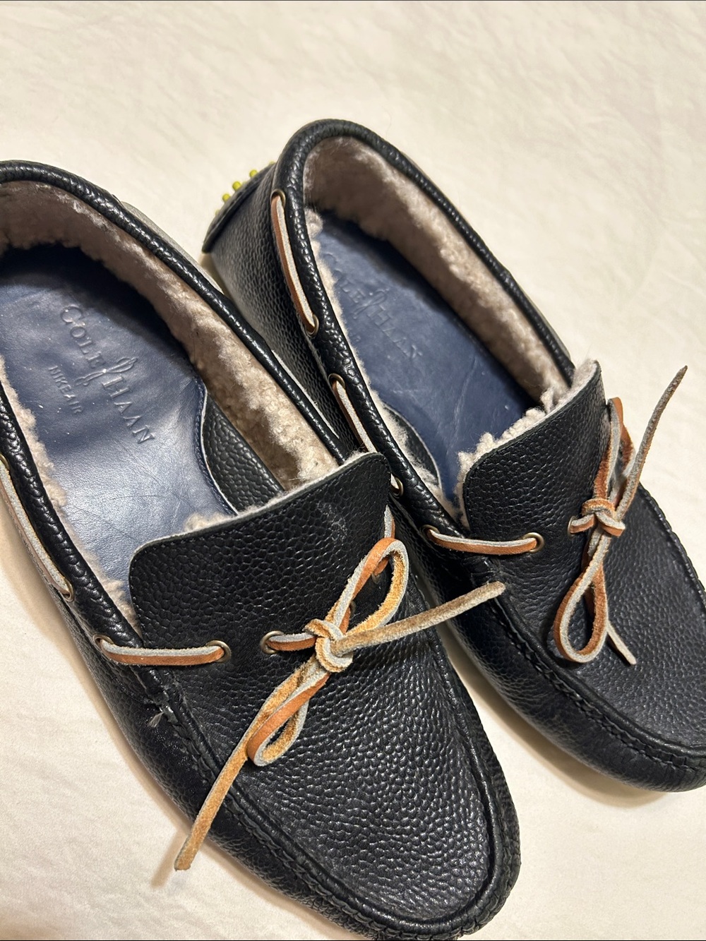 Cole Haan Black Leather Shearling-Lined Driving Moccasins with Brown Lace